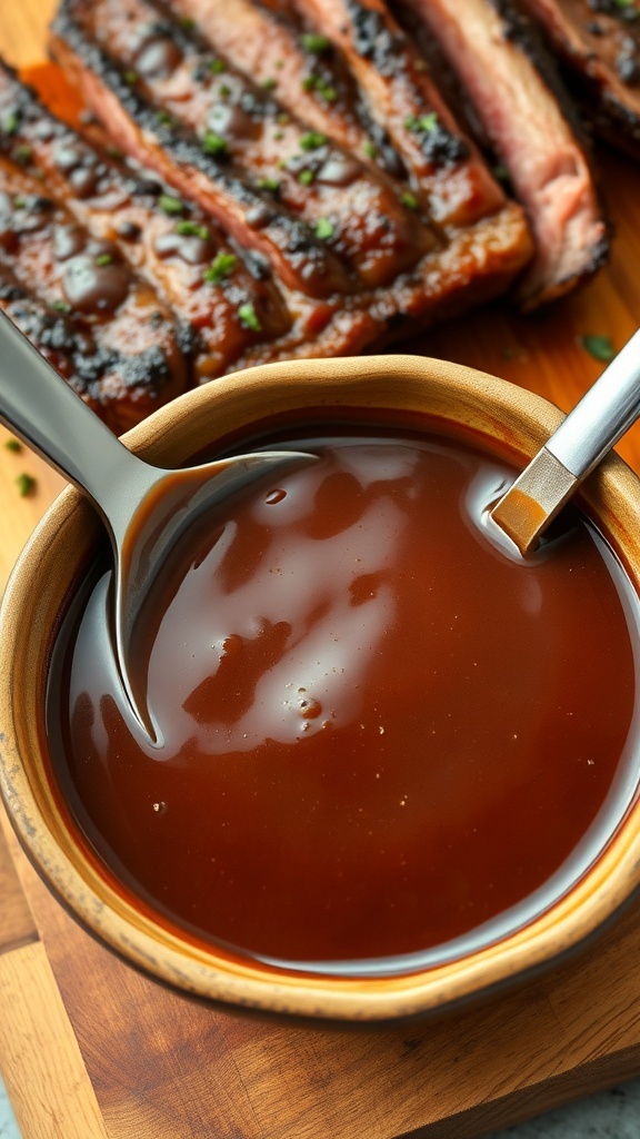 A bowl of rich carnivore gravy next to a perfectly cooked steak on a wooden board.